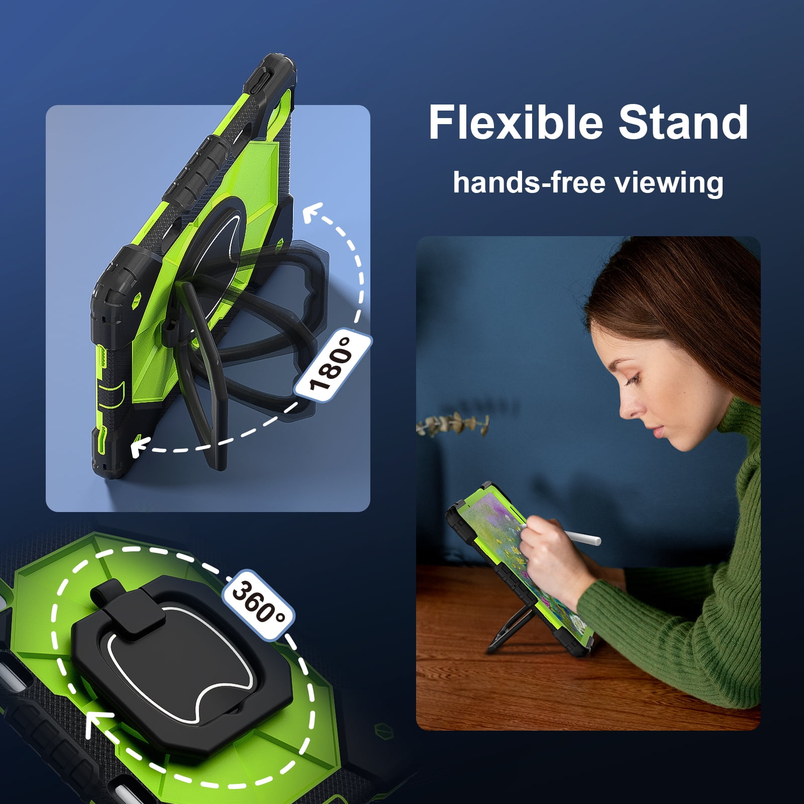 Dteck with Pencil Holder Case for iPad Air 13 inch 2025/2024,Heavy Duty Silicone Case 360 Degree Rotating Handle Stand Cover with Shoulder Strap for iPad Air 13-in. M3/M2,Black+Green