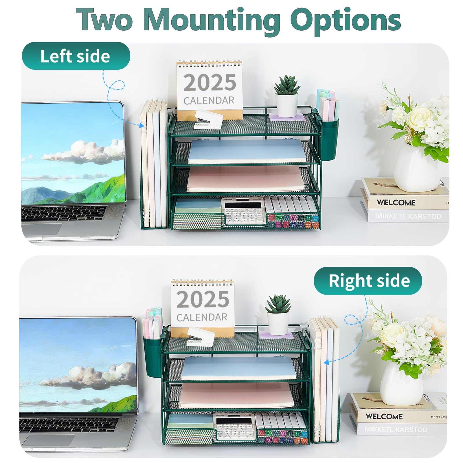 Desk Organizer  4-tier Desktop File With Drawer And 2 Pen Holders Office Accessories Sorters Workspace Organizers For Supplies(dark Green)