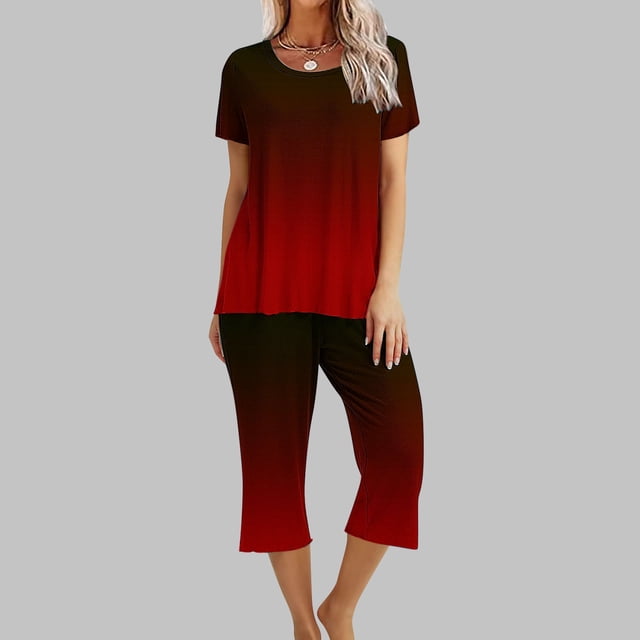 Offre Hebdomadaire d'Été Iumwxz Pyjamas Décontractés Fluides Ensembles Deux Pièces pour Femmes Dégradé Graphique Col Rond Manches Courtes Taille Élastique Pantalons Courts Ensembles Deux Pièces pour Cadeaux de Vacances pour Femmes