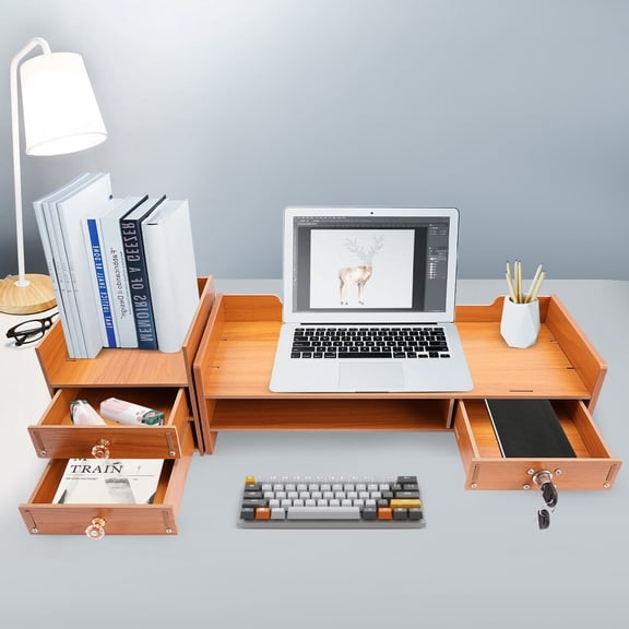 Wood Computer Monitor Stand, MDF Computer Rack with Drawers, Monitor Stand 3 Drawers (One With A Lock)