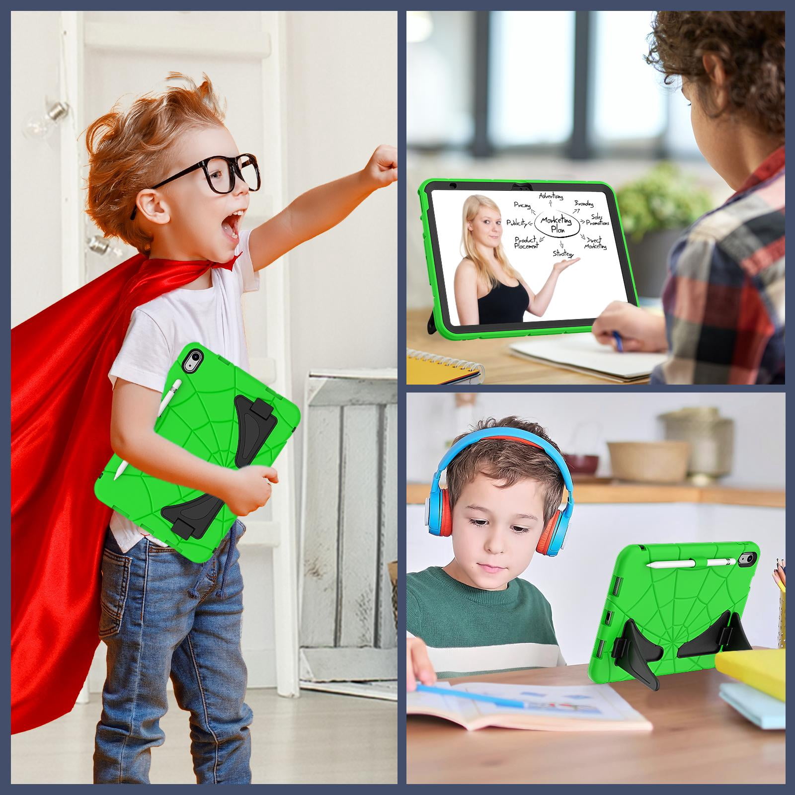 Kids Cases for iPad 10th Generation 2022,TECH CIRCLE Heavy Duty Shockproof Rugged Full Body Protective Sturdy Kickstands iPad 10.9 inch case with Pencil Holder for Kids Children Boys,Green+Black