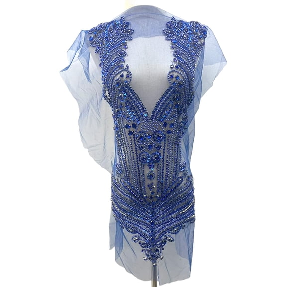 Handmade Rhinestones Applique Trim: Sparkly Rhinestones Beaded Bodice Applique Patch for Evening Bridal Dance Prom Dresses, Rhinestones Applique on Net Sew on Beads Patches Accessory (Blue)