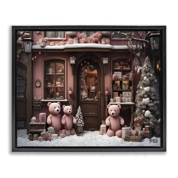 Stupell Industries Cottage Christmas Shop with Bears Black Floating Frame Canvas Art, 21 x 17, by RB