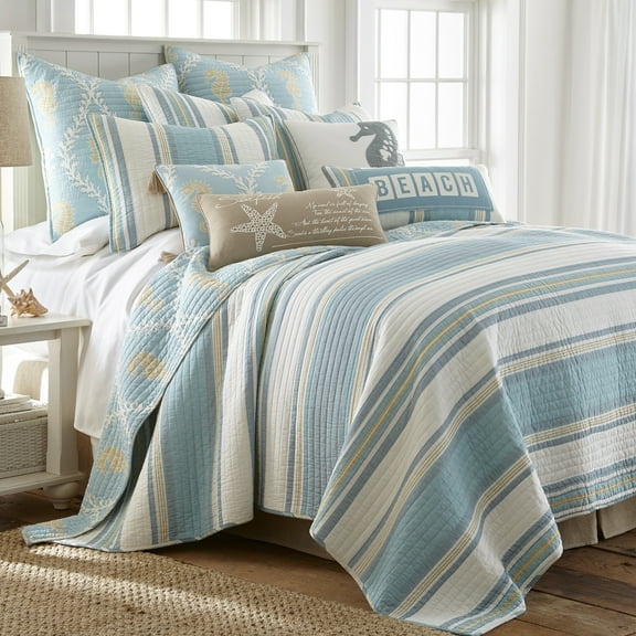 Levtex Home - Kailua Quilt Set - King Quilt Two King Pillow Shams - Stripe - Blue Teal Taupe Cream - Quilt (106x92in.) and Pillow Shams (36x20in. ) - Reversible - Cotton Fabric