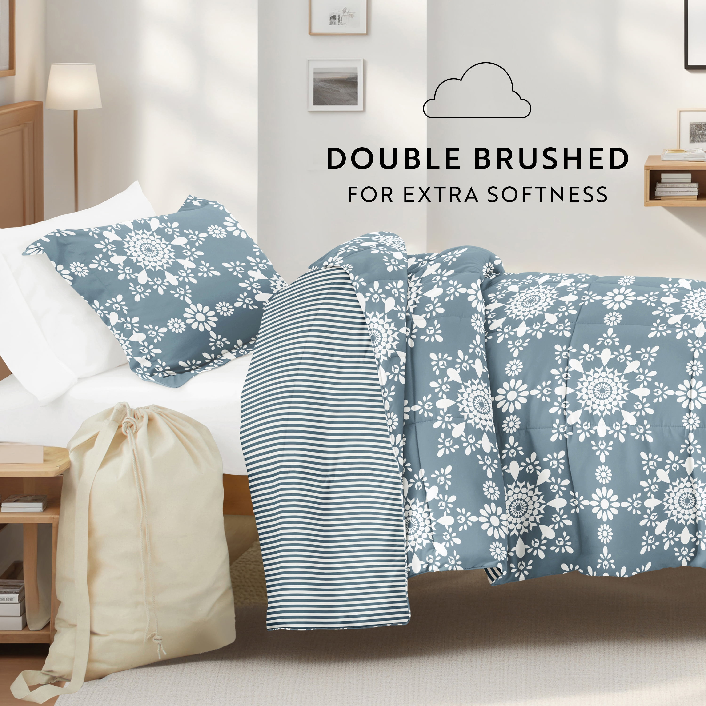 Noble Linens 8 Piece Dorm Bedding Bundle, Comforter & Sheet Set, Pillows, Laundry Bag