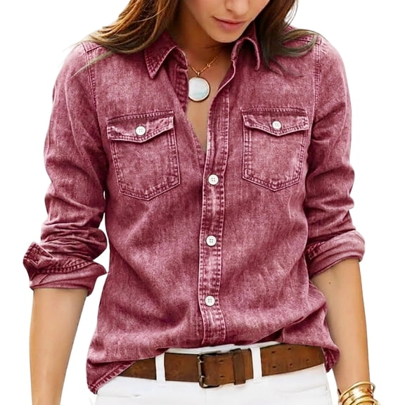 Faux Denim Shirt Women Chambray Jean Western Shirts Long Sleeve Button Down Tops, S