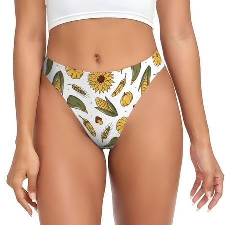 Qokaie Cartoon Corn Pumpkin Sunflower Printed Women s Cotton Thong Underwear  Sexy Breathable Panties G-string-Medium