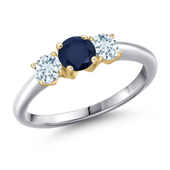 Gem Stone King 925 Silver and 10K Yellow Gold Blue Sapphire and Sky Blue Aquamarine Engagement Ring for Women | 1.10 Cttw | Round 5MM | Gemstone September Birthstone | Size 9