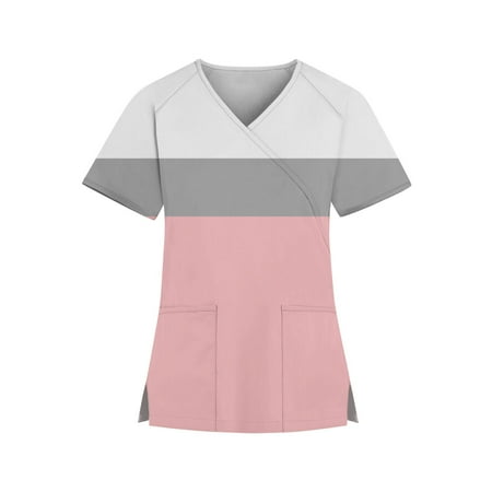 

Knosfe Womens Scrubs V Neck Striped Color Block Mock Wrap Womens Scrub Tops Plus Size Nursing Uniform Workwear Medical Short Sleeve Plus Size Scrubs with Two Pockets Pink 2XL