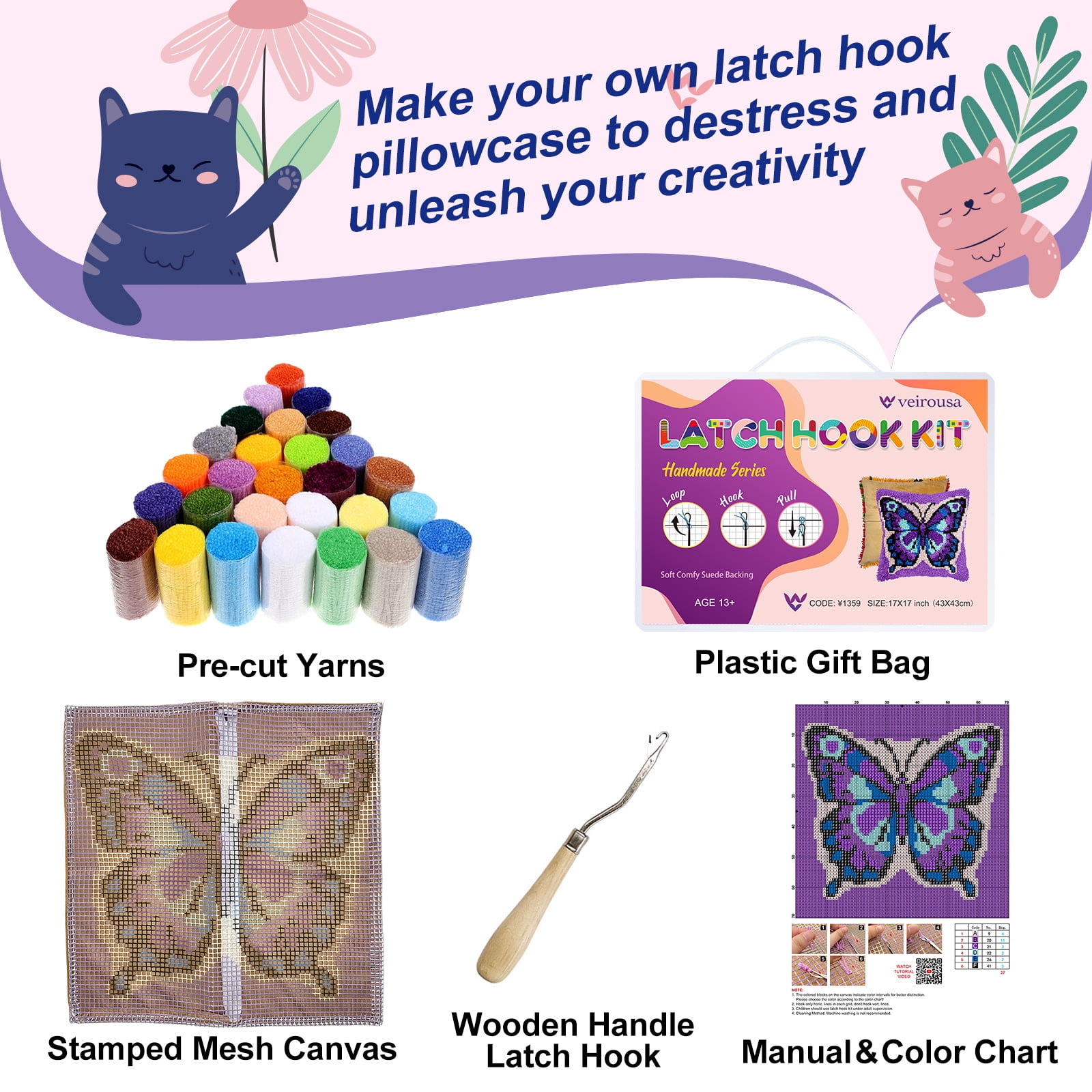 Magic Purple Latch Hook Kits for Adults Beginners Hooked Cushion for Home Sofa Decoration 17x17 Inch