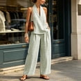 thumbnail image 6 of Karymi Womens T Shirts 2 Piece Gingham Linen Blend Outfit Set, V Neck Sleeveless Loose Pullover Tank Top+Elastic High Waist Wide Leg Pants with Pockets Blouses for Women Dressy Casual, 6 of 7