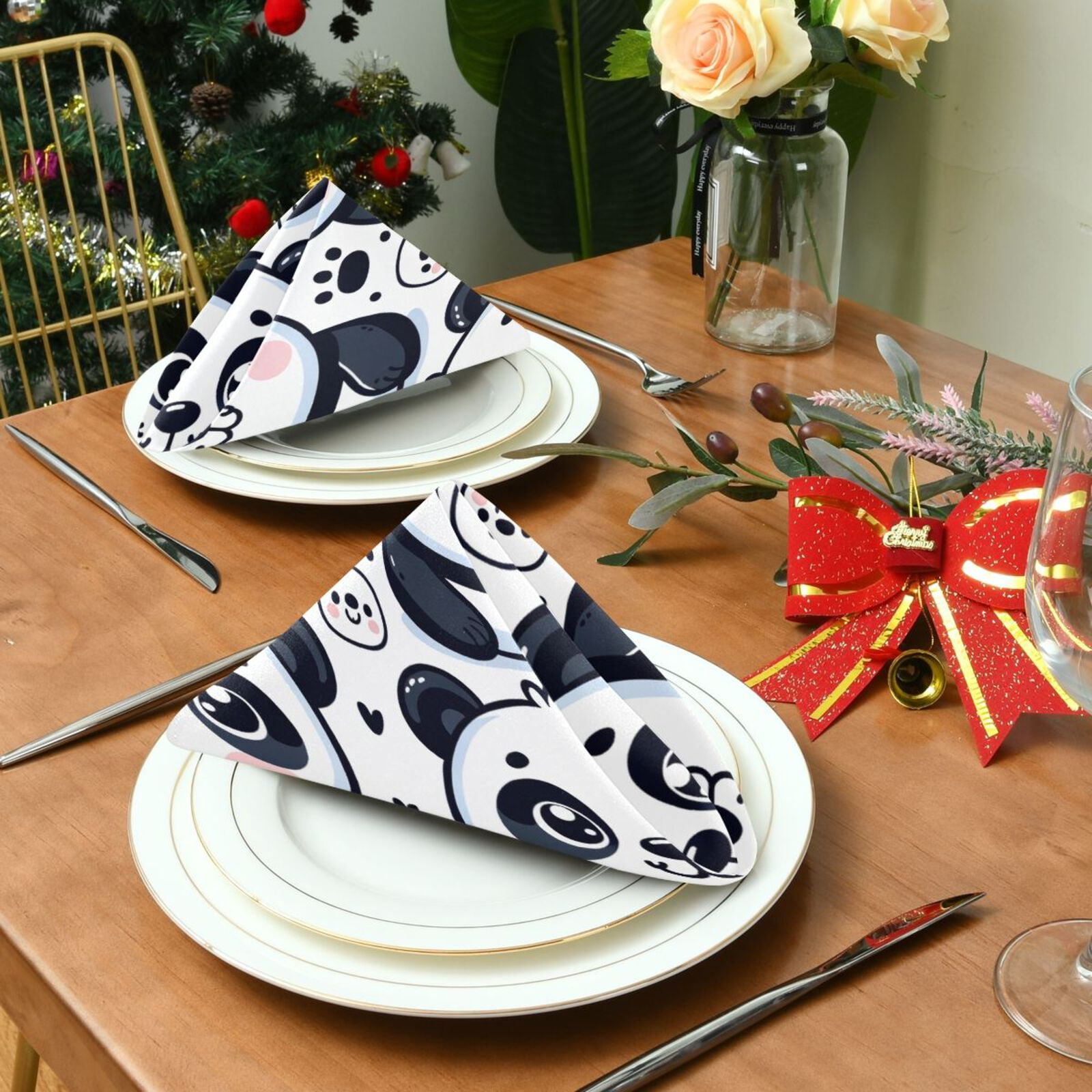 JSTEL Cute Cartoon Panda Cloth Napkins Set of 6, 20x20 Inch Washable and Reusable Napkin for Decoupage Dinner Party Everyday Use