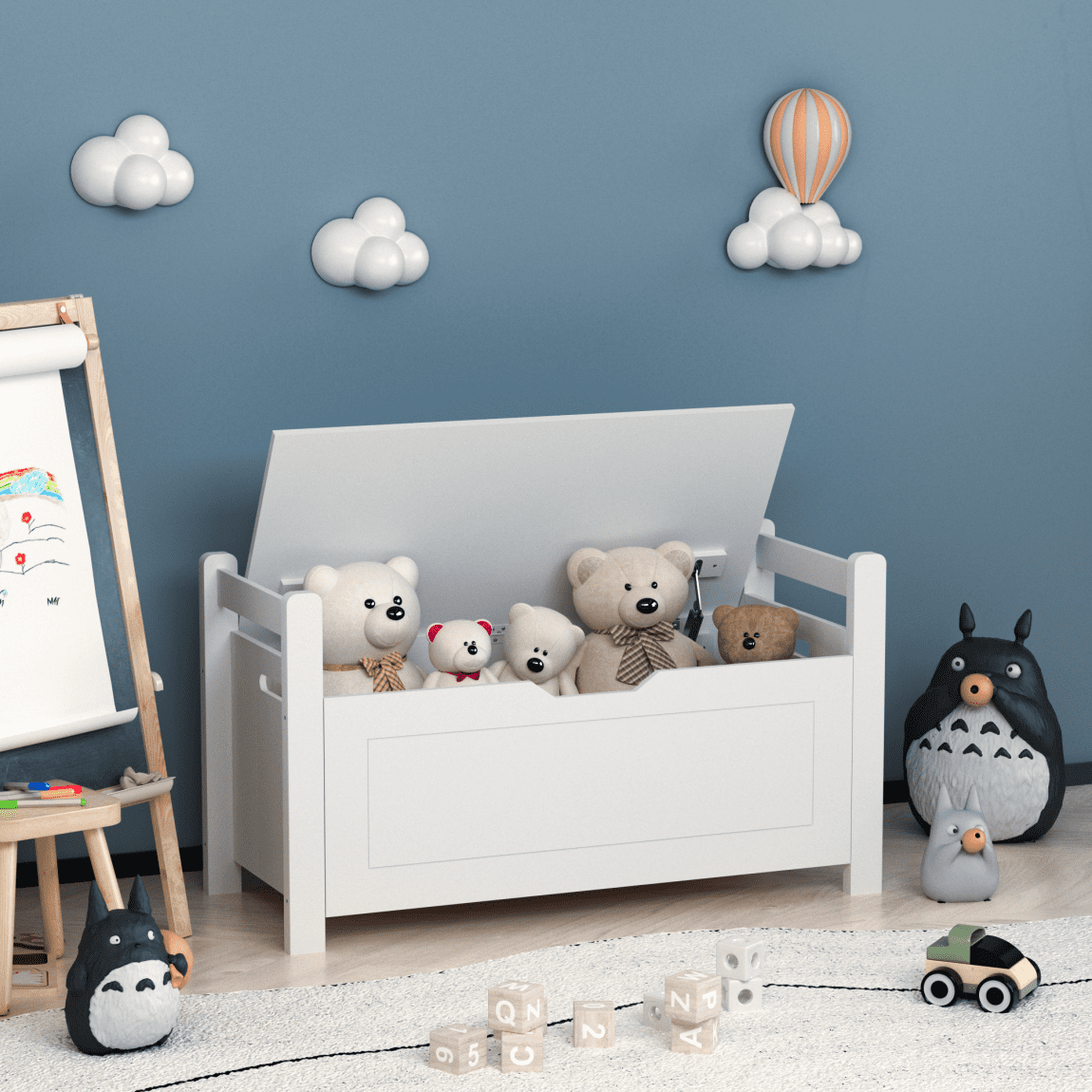 Kids Large Toy Chest for Girls Boys, 2 In 1 Wooden Toy Storage Truck Bench with Flip-Top Lid, 2 Safety Hinges, Toddler Big Toy Box for Playroom & Bedroom, White