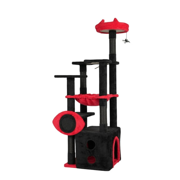 53" Large Gothic Cat Tree Multi-Level Cat Tower with Perch Hammock Condo Sisal Scratching Posts Spider Toy Red Black