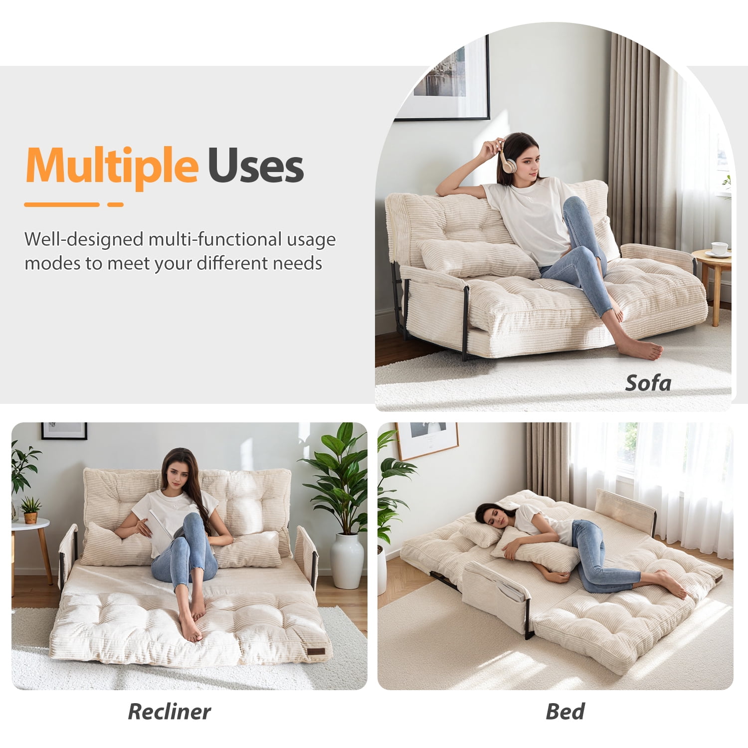 GOODONE Convertible Floor Sofa,Bean Bag Sofa with Pillows,Multifunctional Lazy Sofa with Pillows,Adult Reading Chair,Suitable for Bedroom or Living Room,Beige,Loveseat