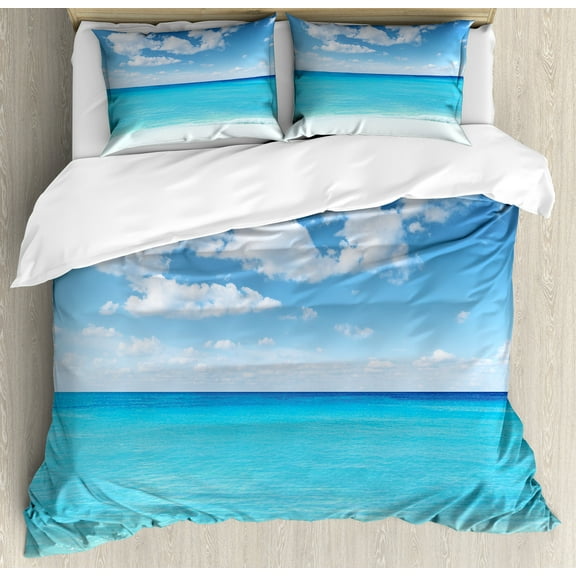 Ocean Duvet Cover Set, Surreal Tropical Seascape with Dreamy Sea and Sky Paradise Coast Hawaiian Art, Decorative 3 Piece Bedding Set with 2 Pillow Shams, Queen Size, Turquoise White, by Ambesonne