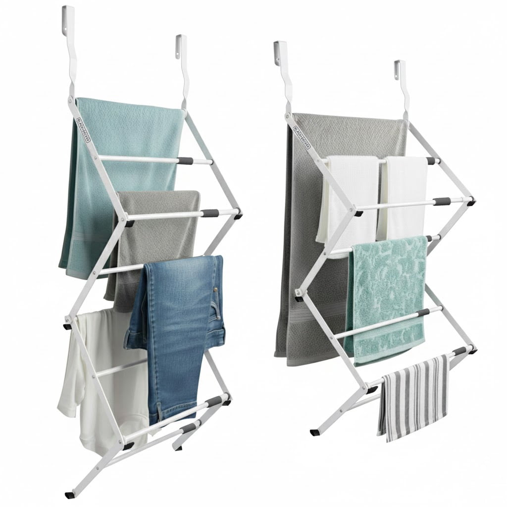 BLACK + DECKER Over-the-Door Telescopic Clothes Drying Rack, Expandable, Stainless Steel, 2-Tier, Space-Saving Indoor Design