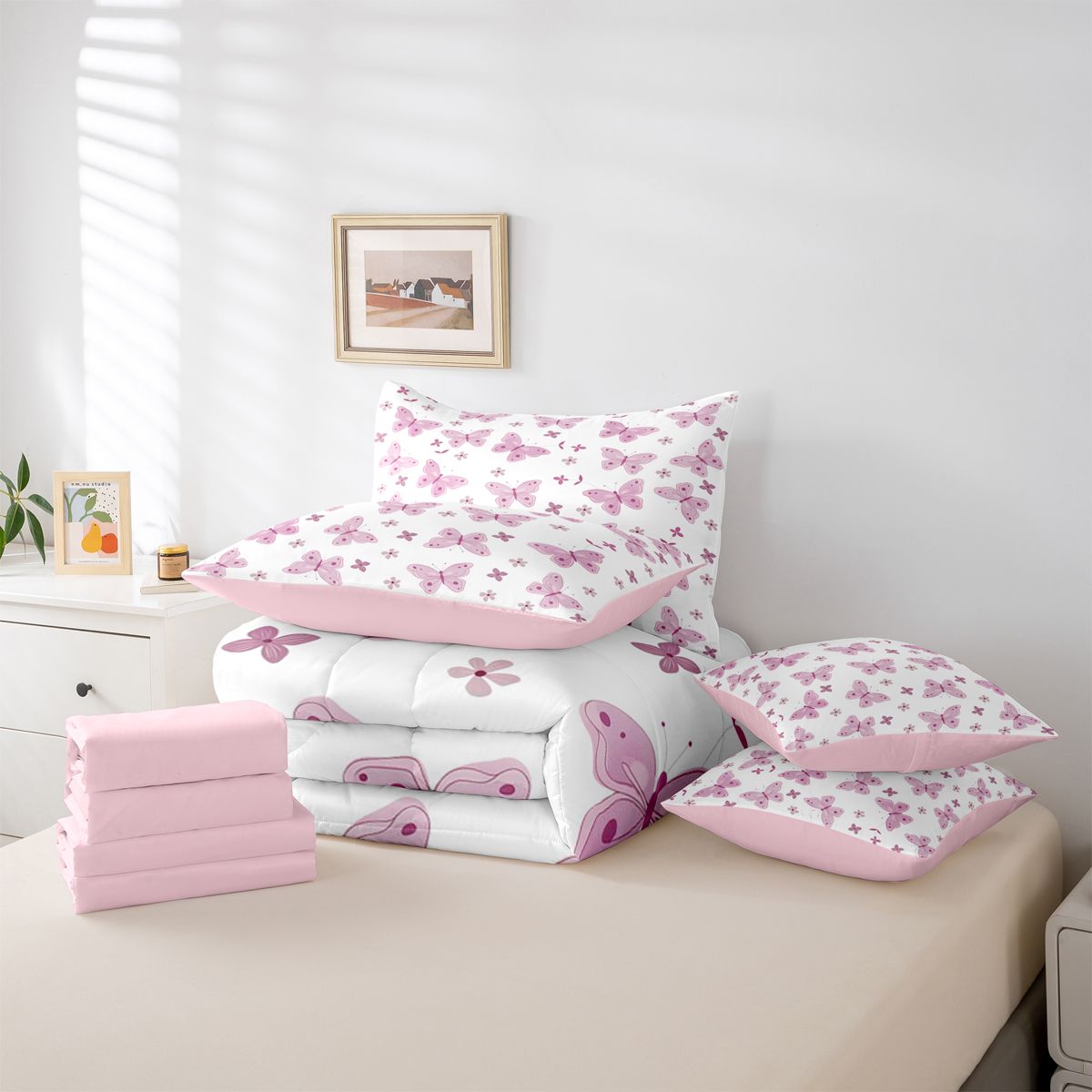 Homewish Gradient Colorful Butterfly 7-Piece Bedding Comforter Set,Flying Animal King Bedding Sets,Pink White Bed Sheets For Girls,Microfiber Bedroom Decor Reversible
