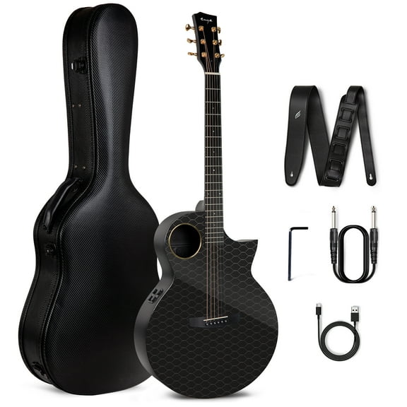 Enya X4 PRO Leather Strap Acoustic Electric Guitars with Hard Case, Carbon Fiber Black