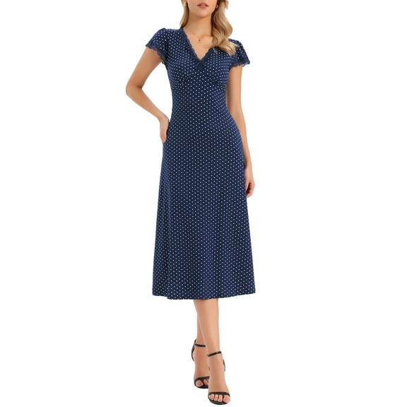 INSPIRE CHIC Valentine's Day Polka Dot Dress for Women's Summer Cap Sleeve V Neck Lace Trim Decor Casual Midi Dresses XS Navy Blue