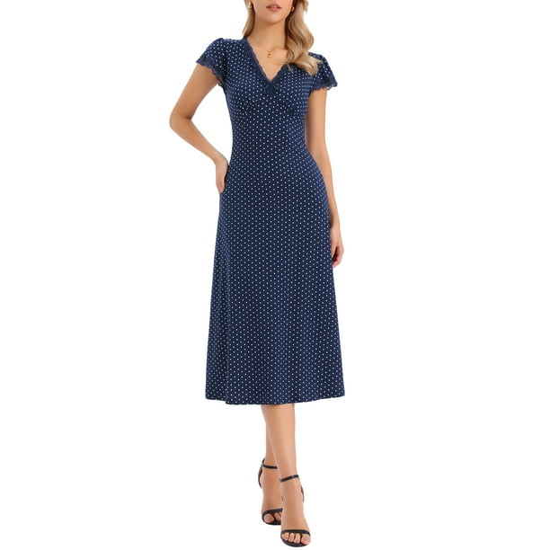 Vestido de lunares INSPIRE CHIC para el Día de San Valentín para mujeres, vestido midi casual de manga corta, escote en V y decoración de encaje, talla XL, azul marino