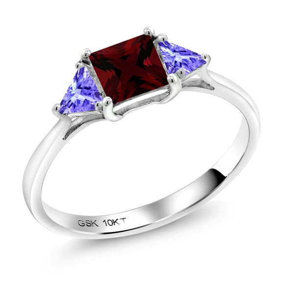 Gem Stone King 10K White Gold Red Garnet and Blue Tanzanite 3 Stone Engagement Ring for Women (1.26 Cttw, Gemstone January Birthstone, Princess Center 5MM, Trillion 3.5MM, Size 7)