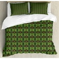 thumbnail image 1 of Ikat Duvet Cover Set King Size, Folk Traditional Vertical Borders in Green Shades Vintage Ornament, Decorative 3 Piece Bedding Set with 2 Pillow Shams, Apple Green Lime Green Brown, by Ambesonne, 1 of 3