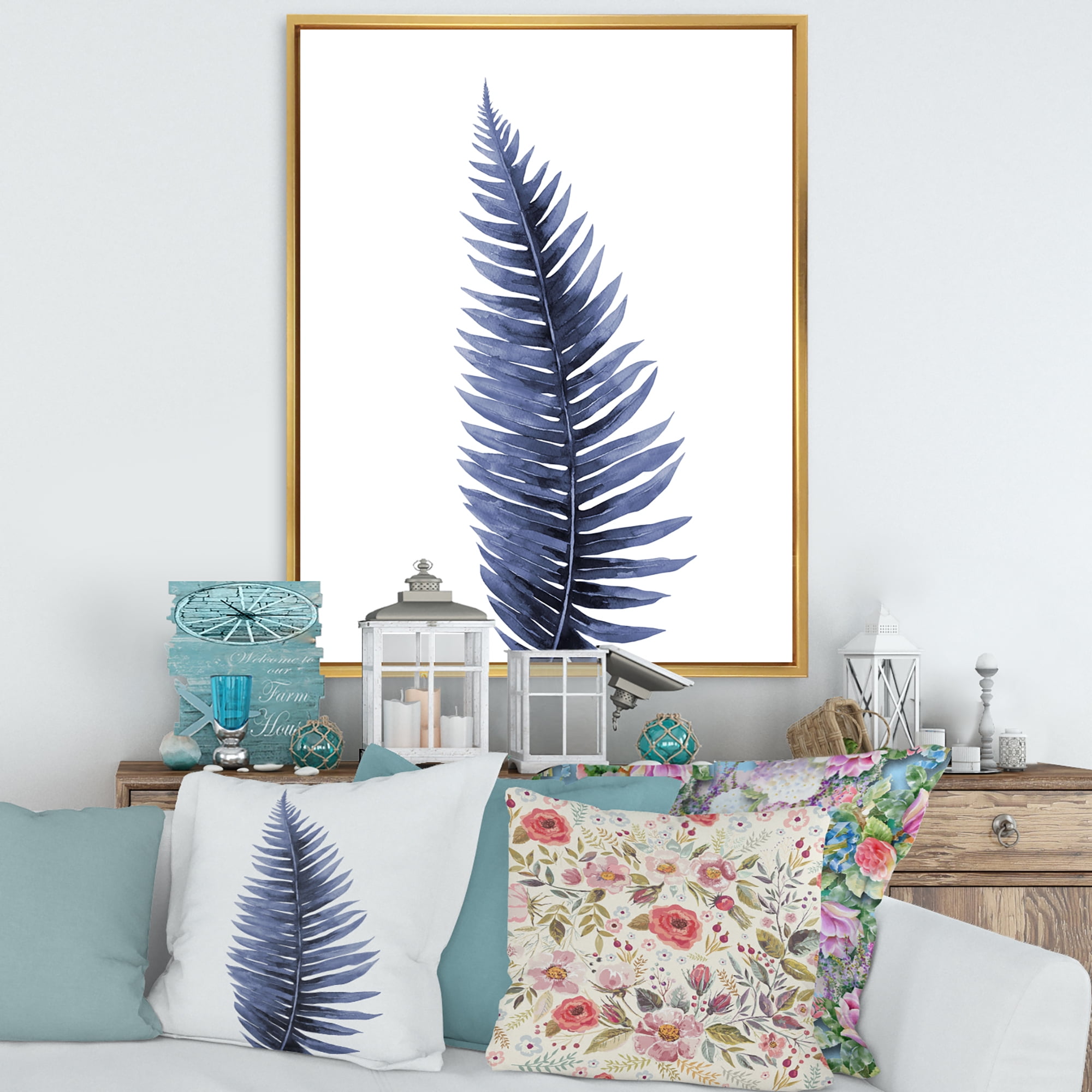 Designart 'Tropical Blue Watercolour Leaves On White' Bohemian & Eclectic Framed Canvas Wall Art Print