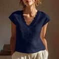 thumbnail image 3 of MOJOGO Women's Lace Trim Tees Lightweight Linen Blend Blouses V Neck Cap Sleeve Tops Short Summer Casual Outfits Dark Blue M, 3 of 8