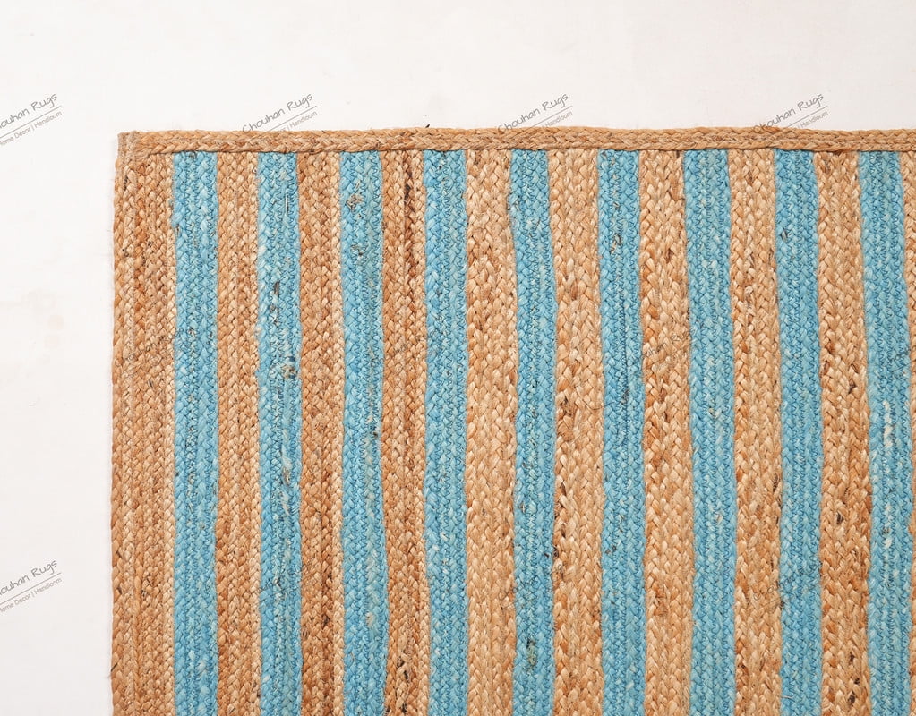 Natural Jute Area Rug Hand Braided Rug Cyan Scalloped Rectangle Rug