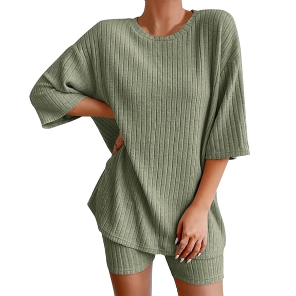 Chroia Women's Plus Size Ribbed Knit Lounge Set - 2 Piece T-shirt Biker Shorts Sleepwear Sweatsuit