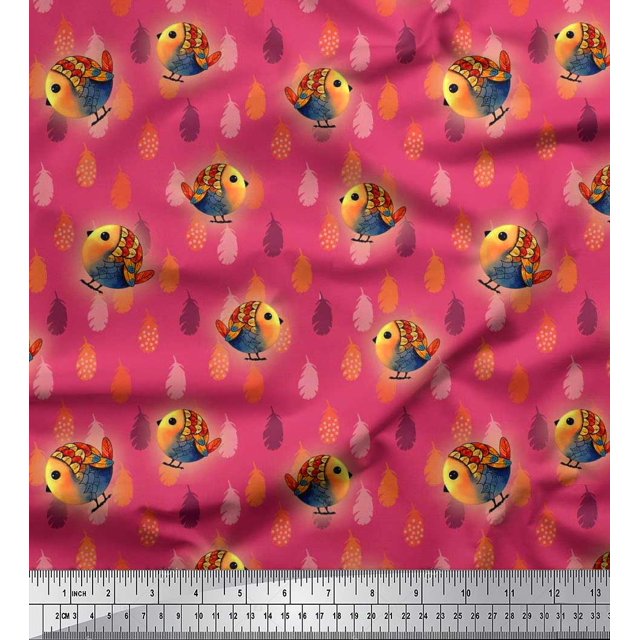 Soimoi Rayon Crepe Fabric Feather & Bird Cartoon Print Fabric by The Yard 46 Inch Wide