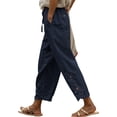 thumbnail image 1 of Pantalones Acelit de lino casuales para mujer, cintura elástica, con cordón, azul, 1 of 7