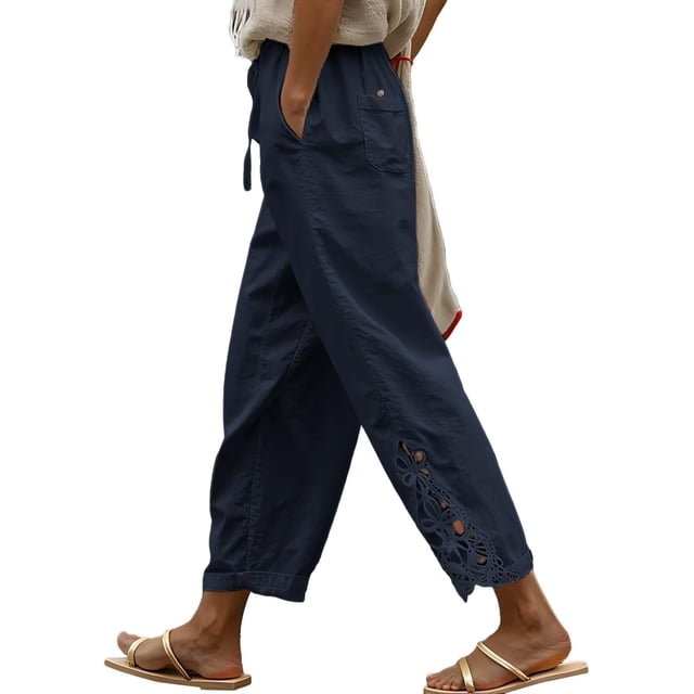 Pantalones Acelit de lino casuales para mujer, cintura elástica, con cordón, azul