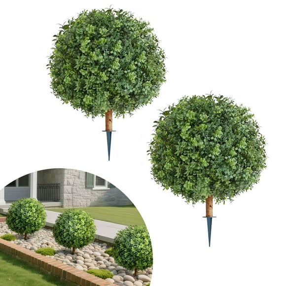 VEVOR Artificial Topiary Boxwood Trees with Ground Spike, 22 inch 2 Set Faux Shrubs & Bushes Potted Plants, Fake Silk Tree Look Real for Decor Front Porch Outdoor Indoor Patio Garden Balcony Backyard