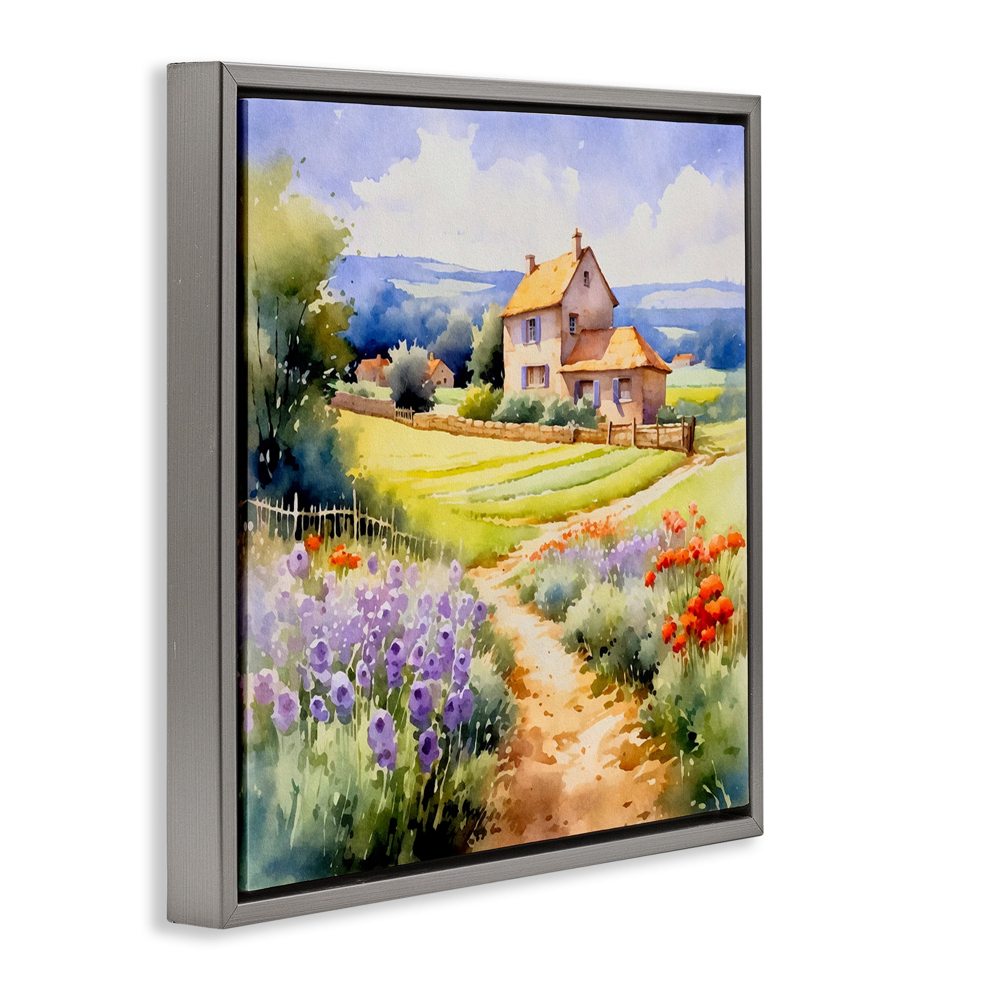 Stupell Industries Summer Lavender Farm Landscape & Nature Painting Gray Floater Framed Canvas Art Print Wall Art, 25 x 25