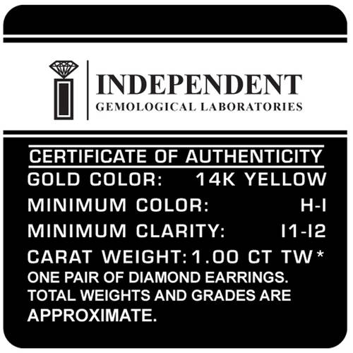 1.00 Carat T.W. Round Diamond 14kt Yellow Gold Martini Stud Earrings, IGL Certified, Comes in a Box