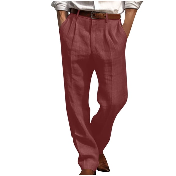 zbxnLI Mens Cotton Linen Pants Casual Linen Dress Pants Lightweight Pull on Straight Leg Work Trousers