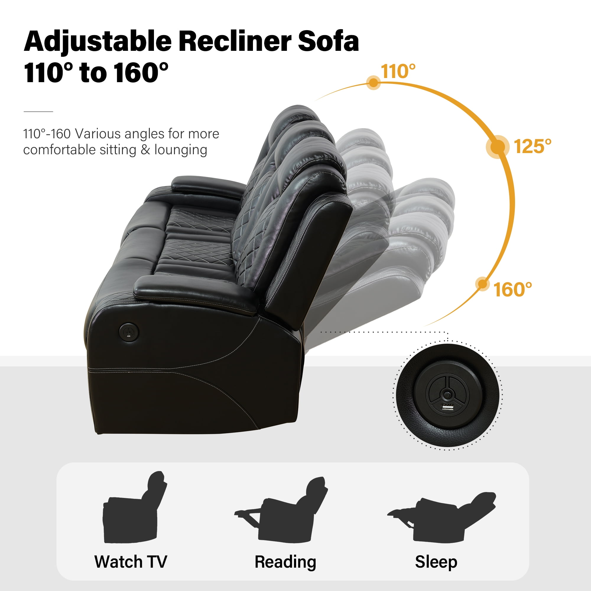 Aukfa 3-Seater Power Recliner Sofa Set W/ Wireless Charging, Reading Light & Storage, Modern Home Theater Seating for Living Room, Black