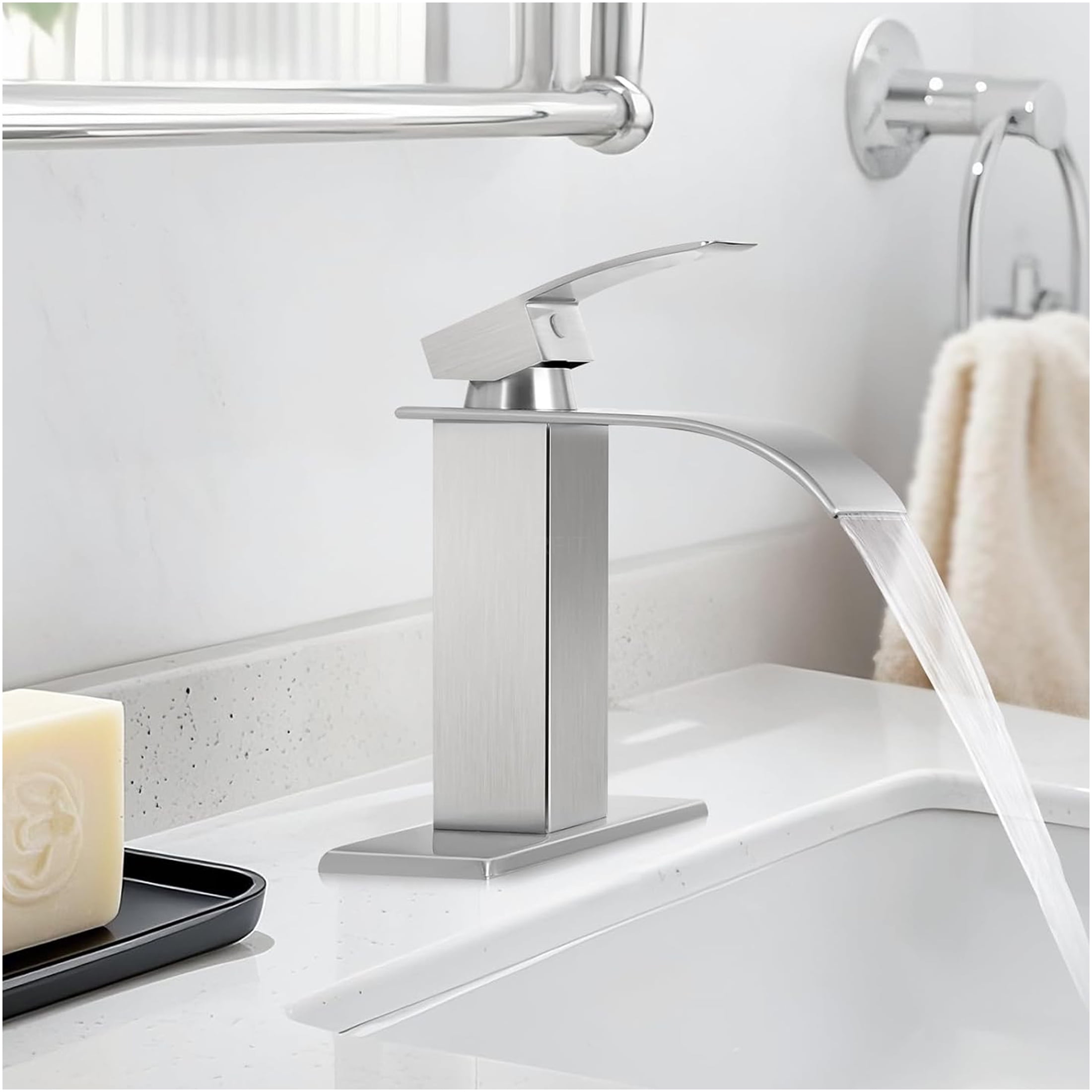 JERFIT Single Handle Bathroom Sink Faucet, Brushed Nickel Finish, 1-Hole Modern Vanity Faucet, Anti-Rust Stainless Steel Construction, Includes Water Lines