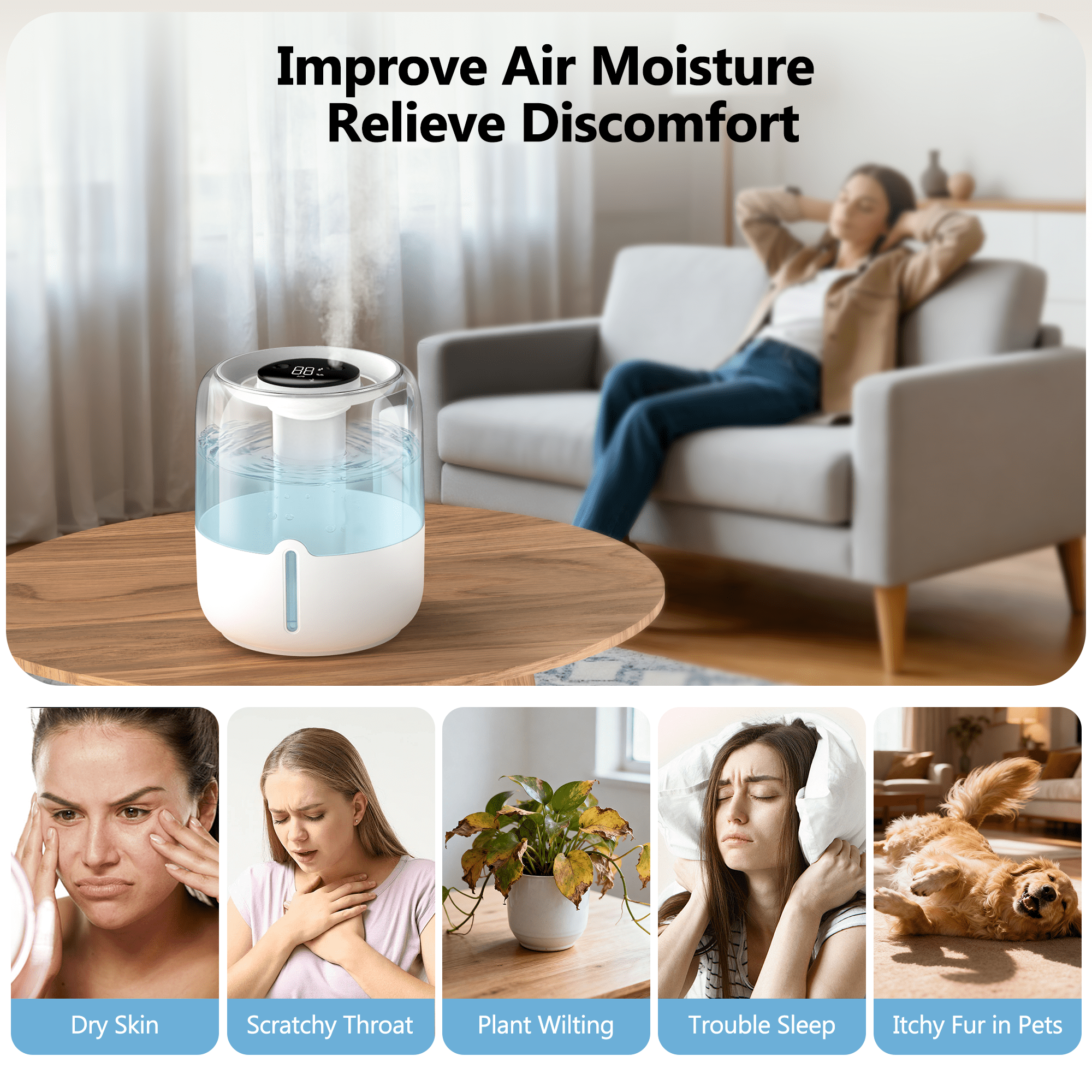 BCOOSS 4L Cool Mist Humidifier for Room Home Top Fill Ultrasonic Air Humidifier and Vaporizer with Humidity Sensor