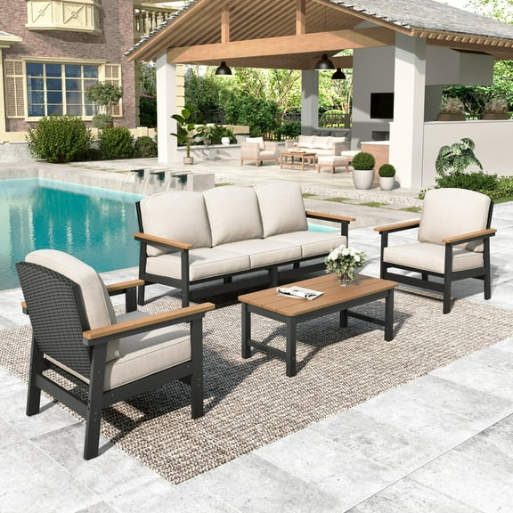 MF Studio HDPE Patio Furniture Set, 4-Piece HDPE & Wicker Outdoor Conversation Set with Thick Cushions and Coffee Table, Black