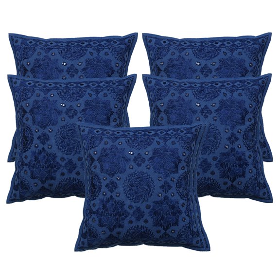Stylo Culture Ethnic Boho Sofa Throw Pillow Covers 16x16 Hand Embroidered Blue Boho 40x40 cm Bedroom Decor Pillowcase Cotton Mirrored Square Cushion Covers | Set Of 5
