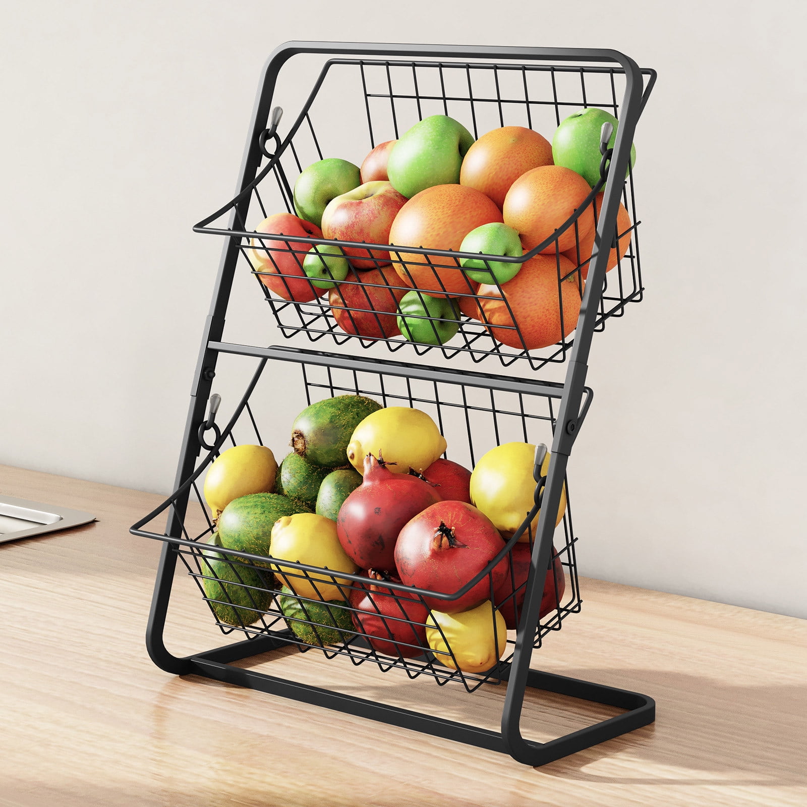 Miogawg 2-Tier Metal Market Basket, Sturdy Stacked Countertop Storage, Black Wire Frame Design, Fruit Basket, Bread Basket Vegetable Holder Storage Stand