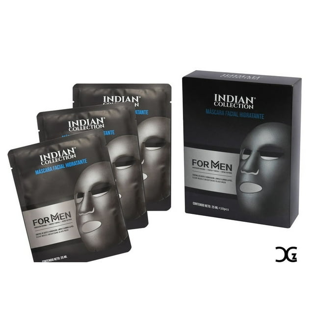 mascarilla facial de la colección india para hombres con control de gratitud paquete con sobres individuales y caja negra, vista frontal con tres sobres al frente y una caja a la derecha; sobres muestran texto "Indian Collection", "Mascarilla facial hidratante" y "For Men" y gráfico de una máscara facial gris; ideal para cuidado facial masculino y rutinas de higiene nocturna.