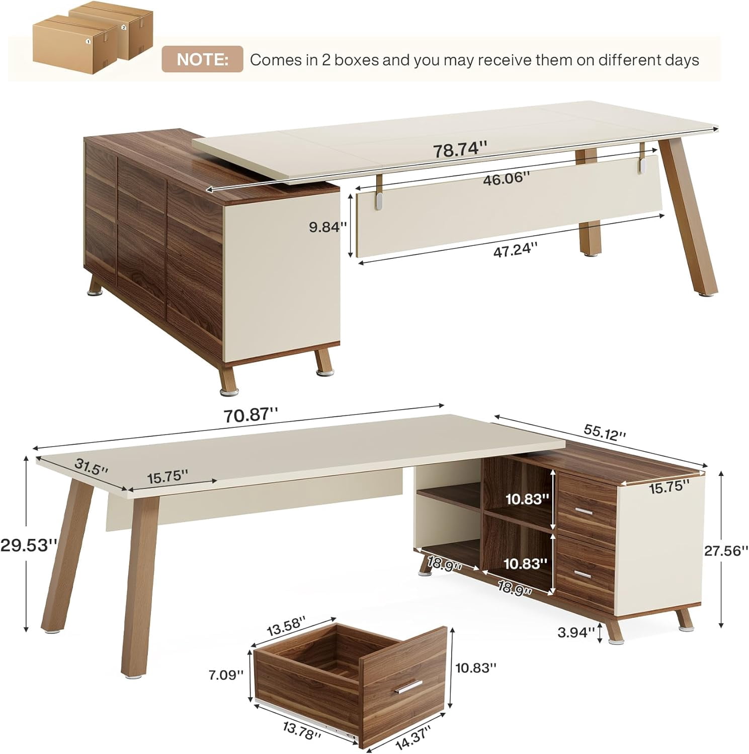 Tribesigns Large L-Shaped Desk, Modern Executive Office Desk with Drawers, 78.7 Inch Computer Desk with Cabinet for Home Office,White & Walnut
