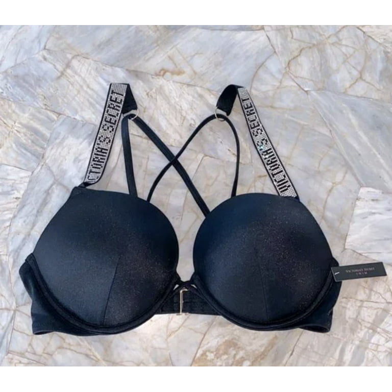 32B New Victoria's Secret Shine Strap BOMBSHELL Add 2 cups Swimsuit Black  Bikini Swim Top 