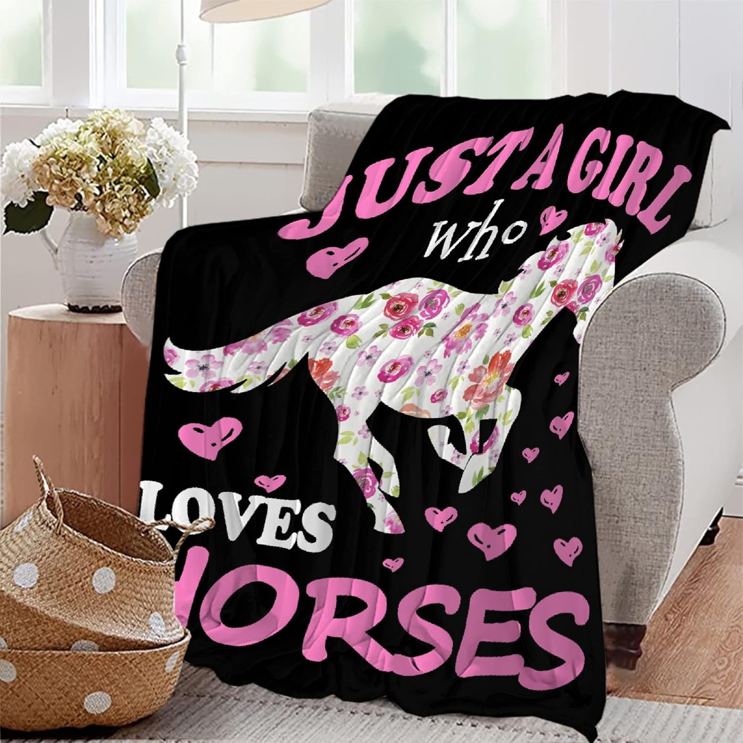 Horse Blanket Gift for Girls Women Plush-Just A Girl Who Loves Horses Comfy Throws Cowboy Western Lightweight Sheet Pony Bedding Quilt Soft Flannel Blankets for Couch Travel