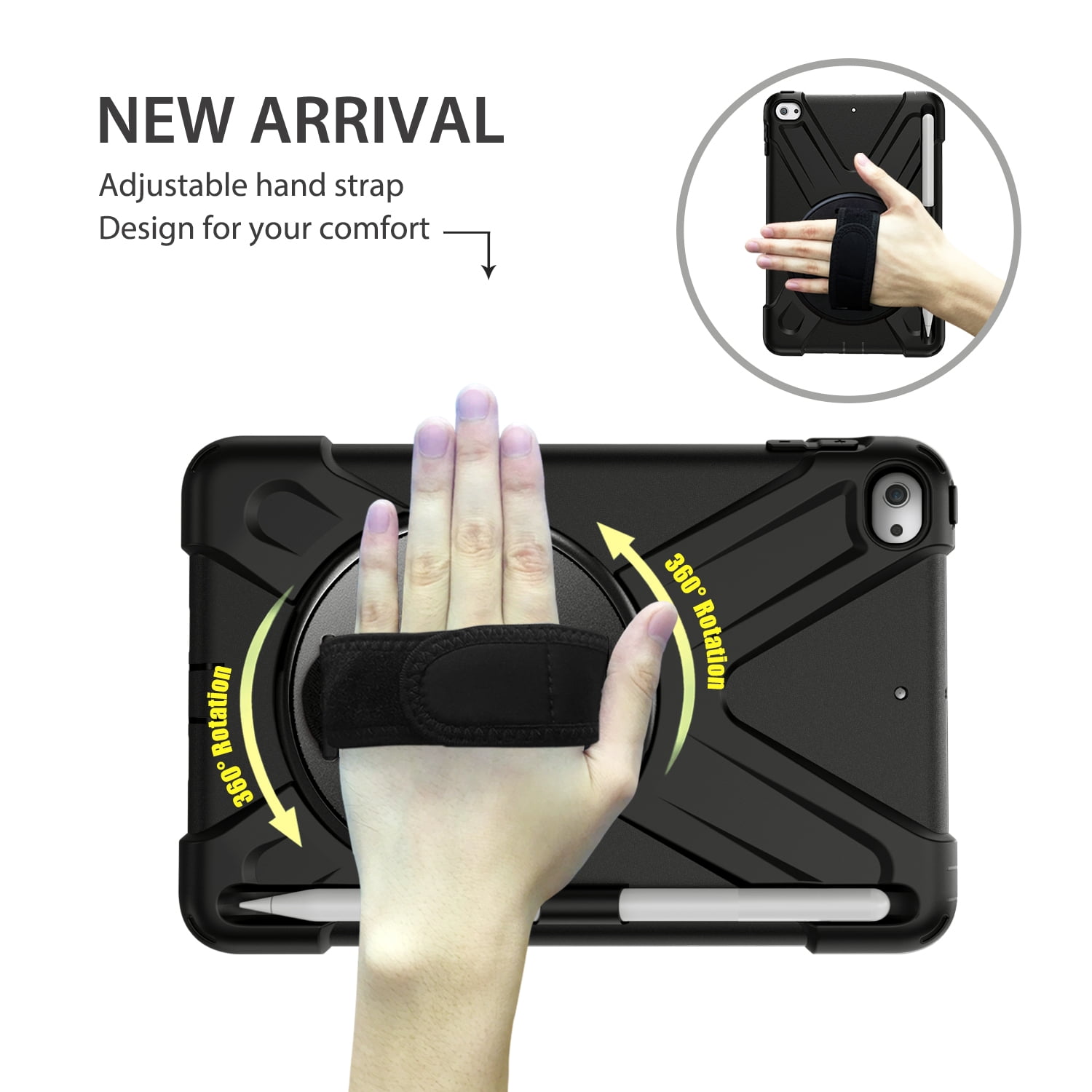 iPad 6th/5th Generation Case Kids, iPad 9.7 Case with Pencil Holder, Heavy Duty Shockproof Protective Rugged iPad 9.7 Case with Stand/Hand Strap for iPad Air 9.7-inch 2018/2017 - BLACK