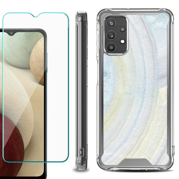 Shockproof Bumper Phone Case for Samsung Galaxy A32 5G, with Tempered Glass Screen Protector, by OneToughShield ® - Marble / Rainbow